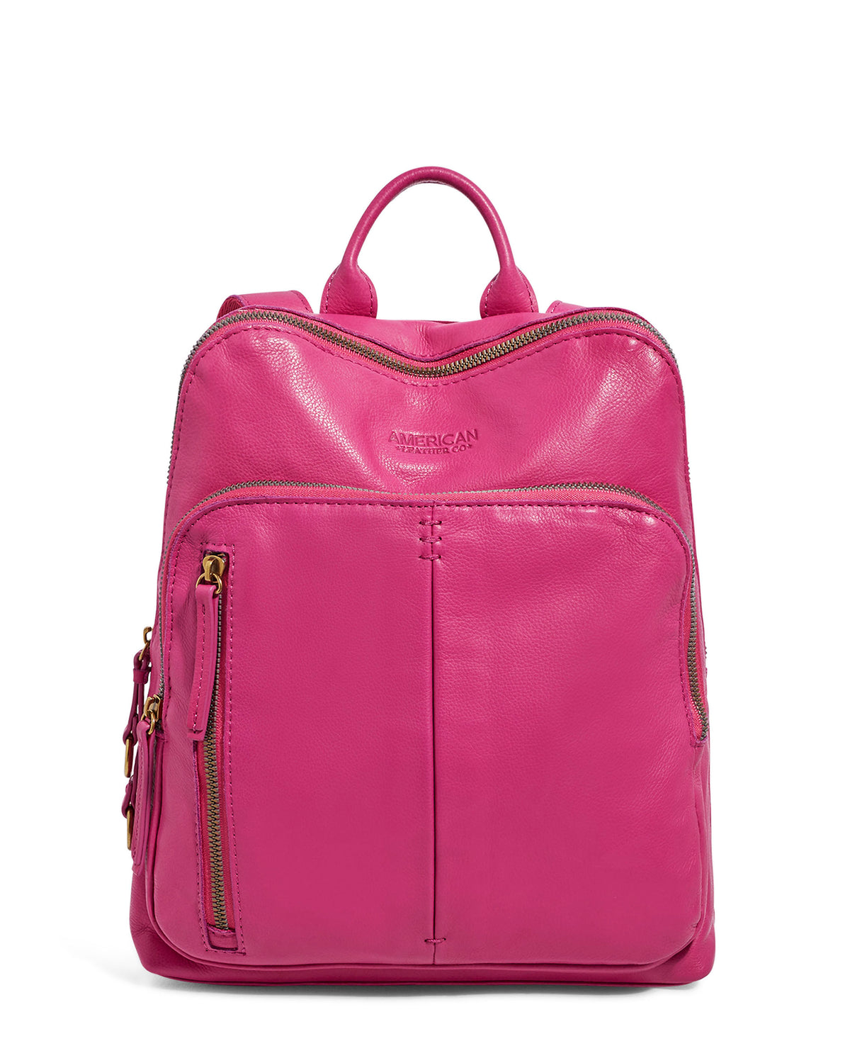 The Cleveland Backpack by American Leather Co. is a vibrant pink leather bag that includes a top handle, adjustable back straps, and several zippered compartments on the front. Crafted from genuine American leather, the backpack features a smooth texture and an understated embossed brand logo near the top.