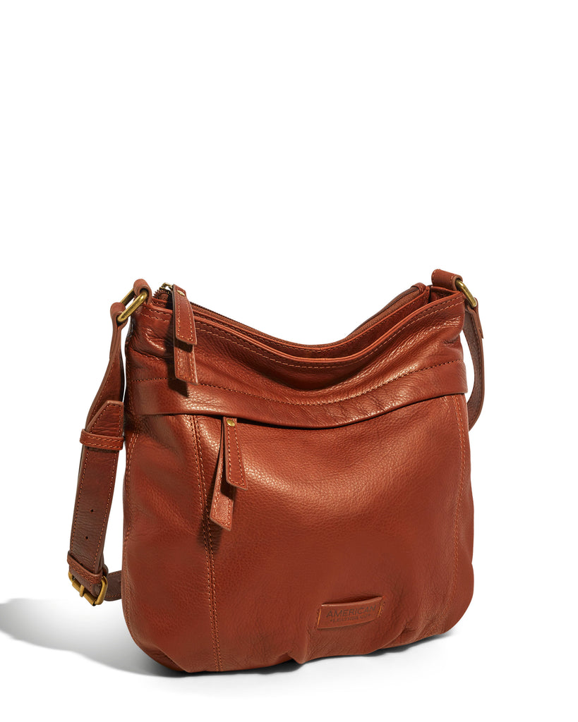 Acorn Double Entry Leather Crossbody Bag in Brandy from American Leather Co.