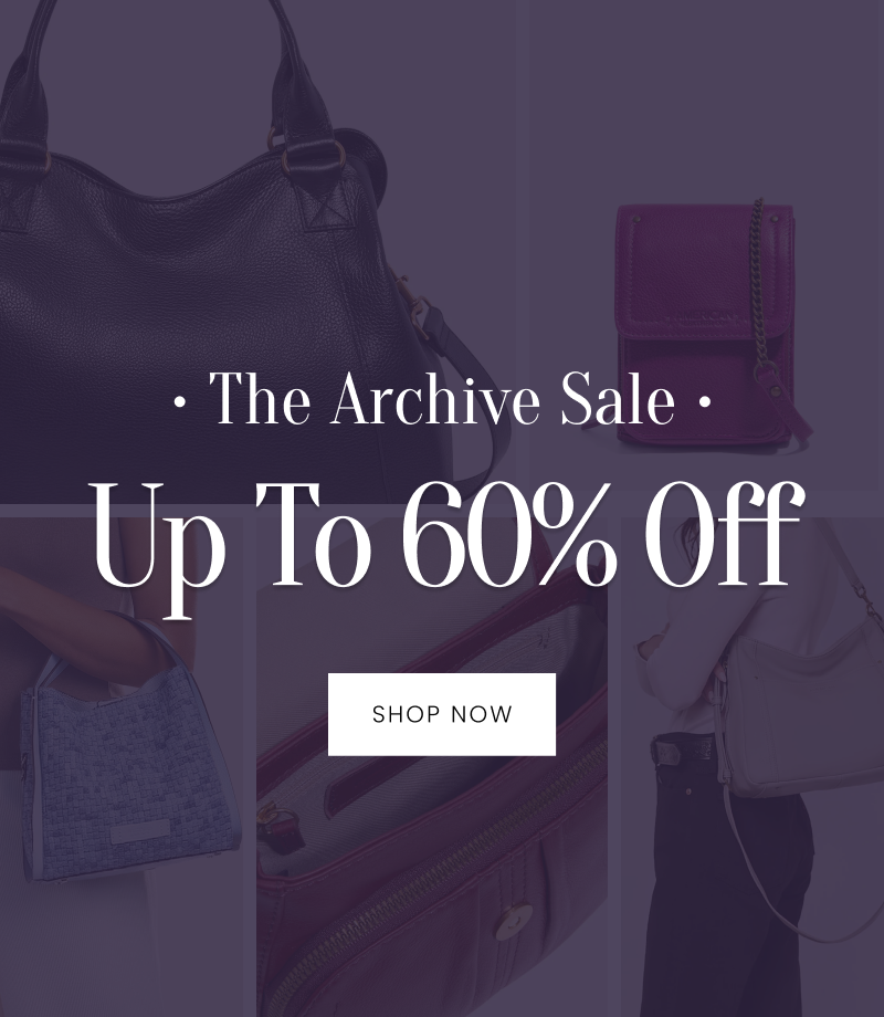 A promotional graphic featuring handbags and purses with text: "The Archive Sale Up To 60% Off." A "Shop Now" button is centered below the sale announcement.