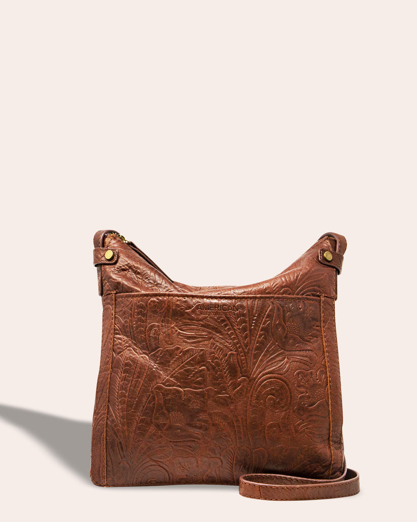 Evansville Flat Crossbody - brandy tooled front