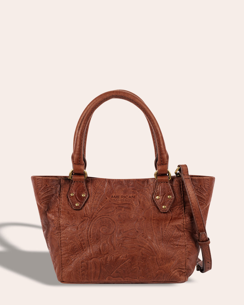 Frenchie Mini Tote - brandy tooled front
