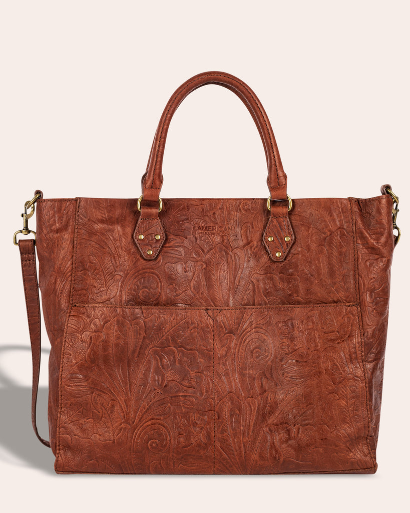 Kelly Tote - brandy tooled front