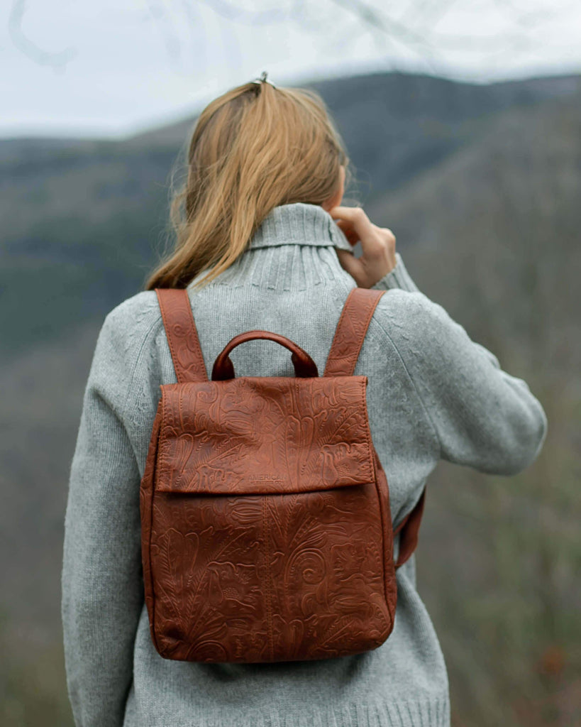Liberty Backpack - brandy tooled lifestyle