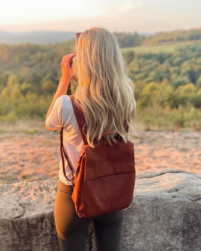 American Leather Co. Liberty Backpack - pale yellow on model