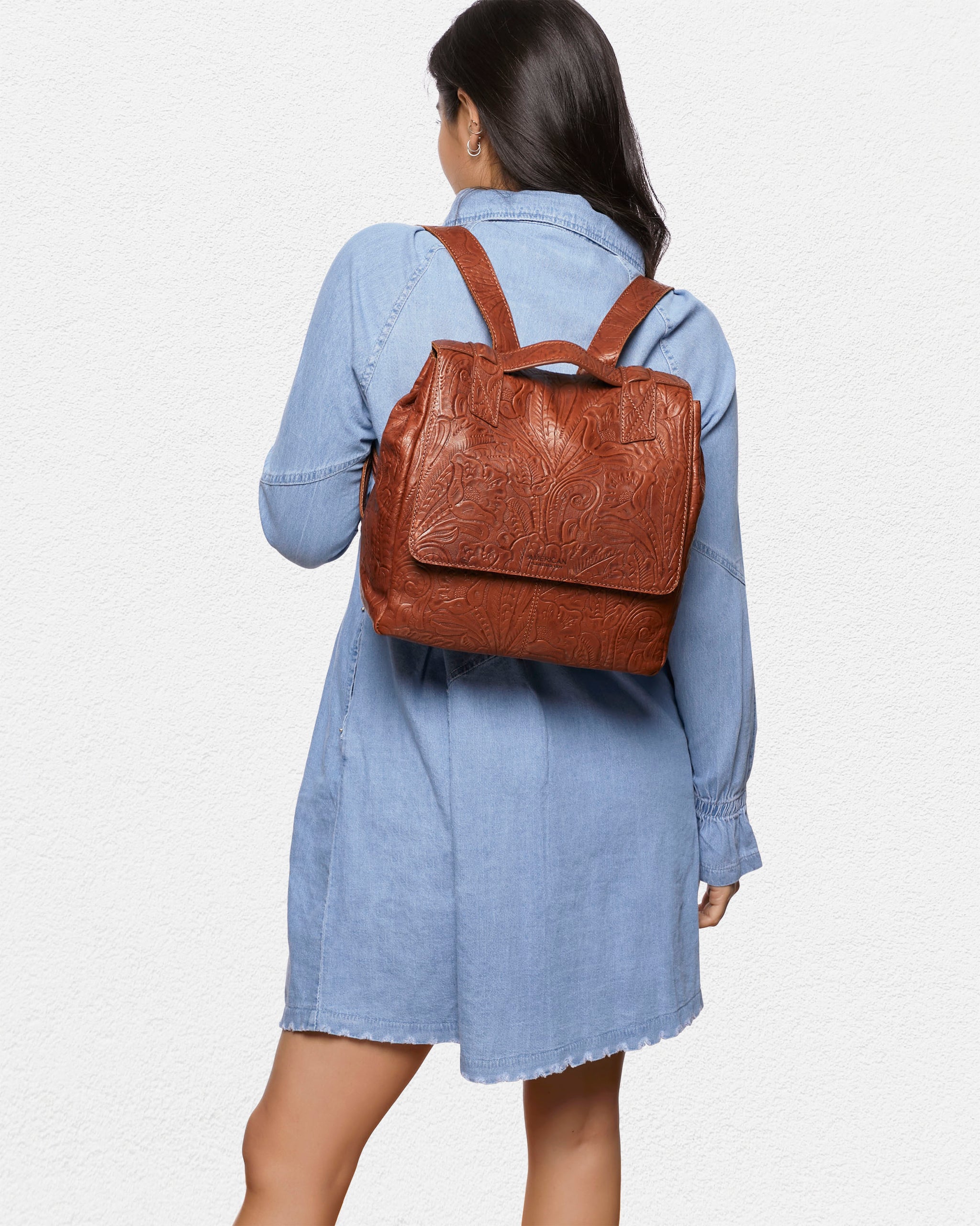 Dante Backpack in Brandy Tooled Leather American Leather Co